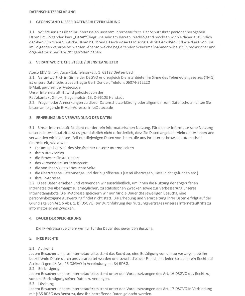 Datenschutzerklärung ATECO EDV GmbH